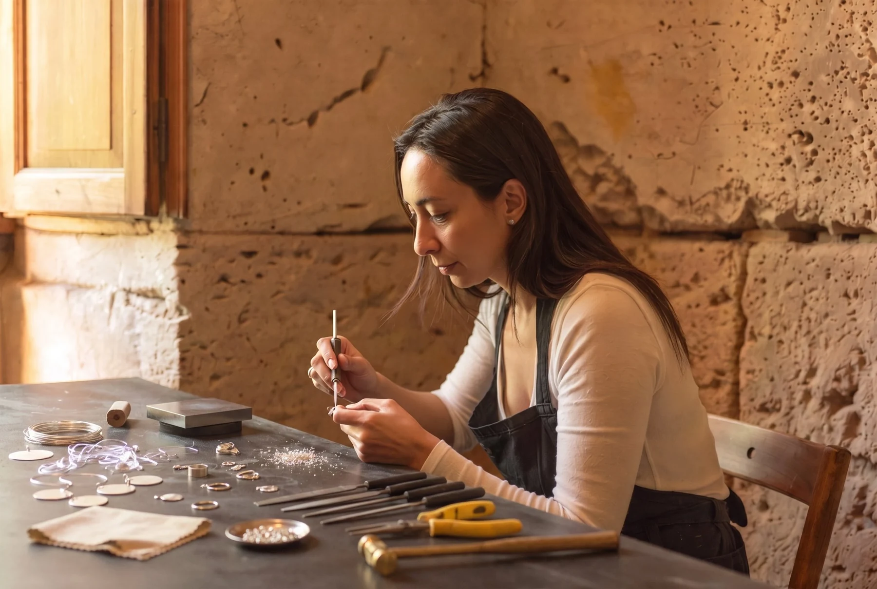 Liad at her jeweler's bench, working on a silver piece