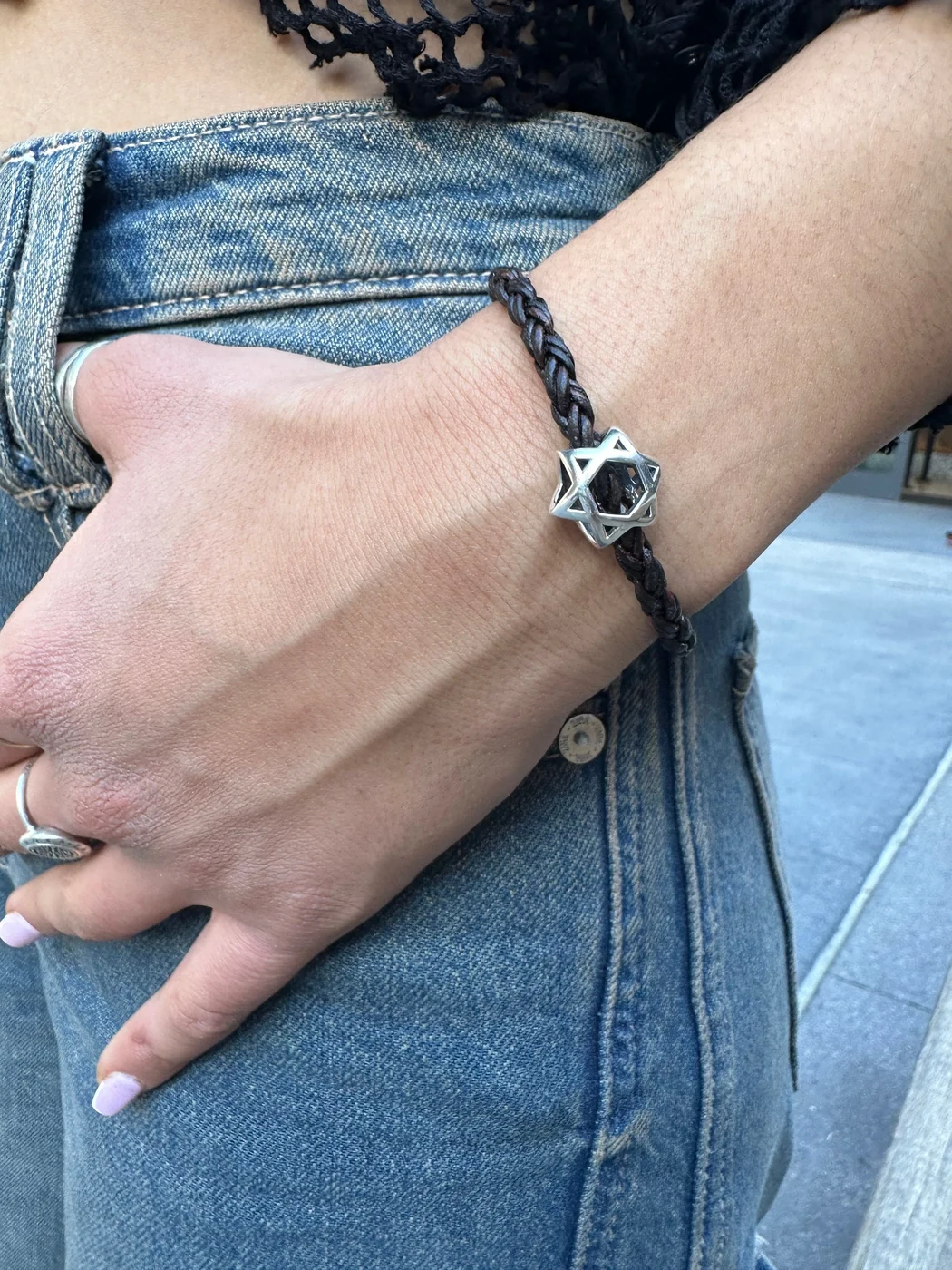 3D Star of David leather bracelet worn