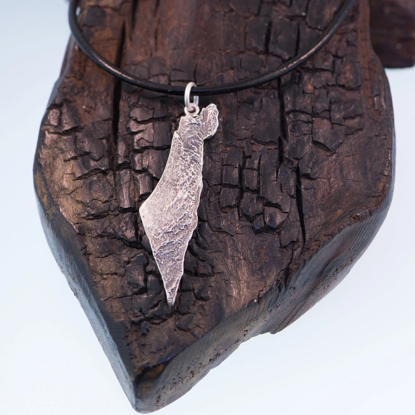 Topographic map of Israel pendant in fine silver on a leather cord