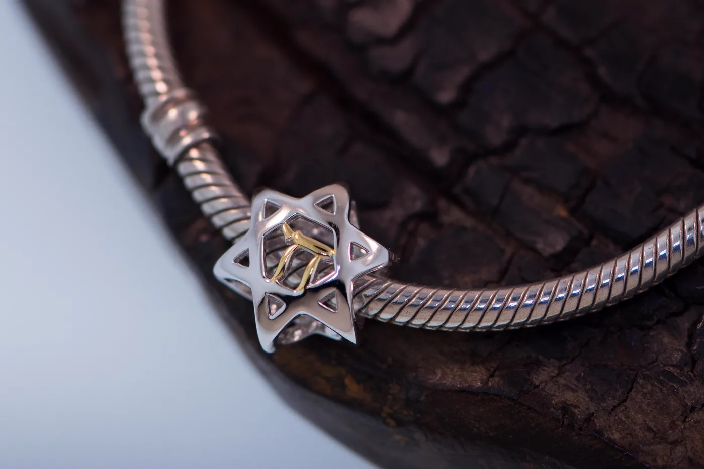 3D Star of David bead with a gold Chai inside, on charred wood