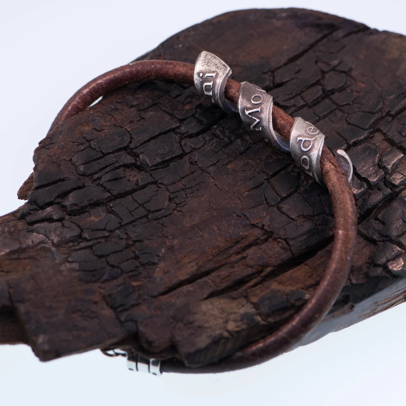 Modeh Ani silver wrap bracelet on leather cord